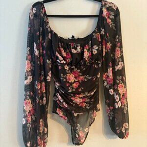 Lulus Floral Print Black Mesh Long Sleeve Bodysuit
